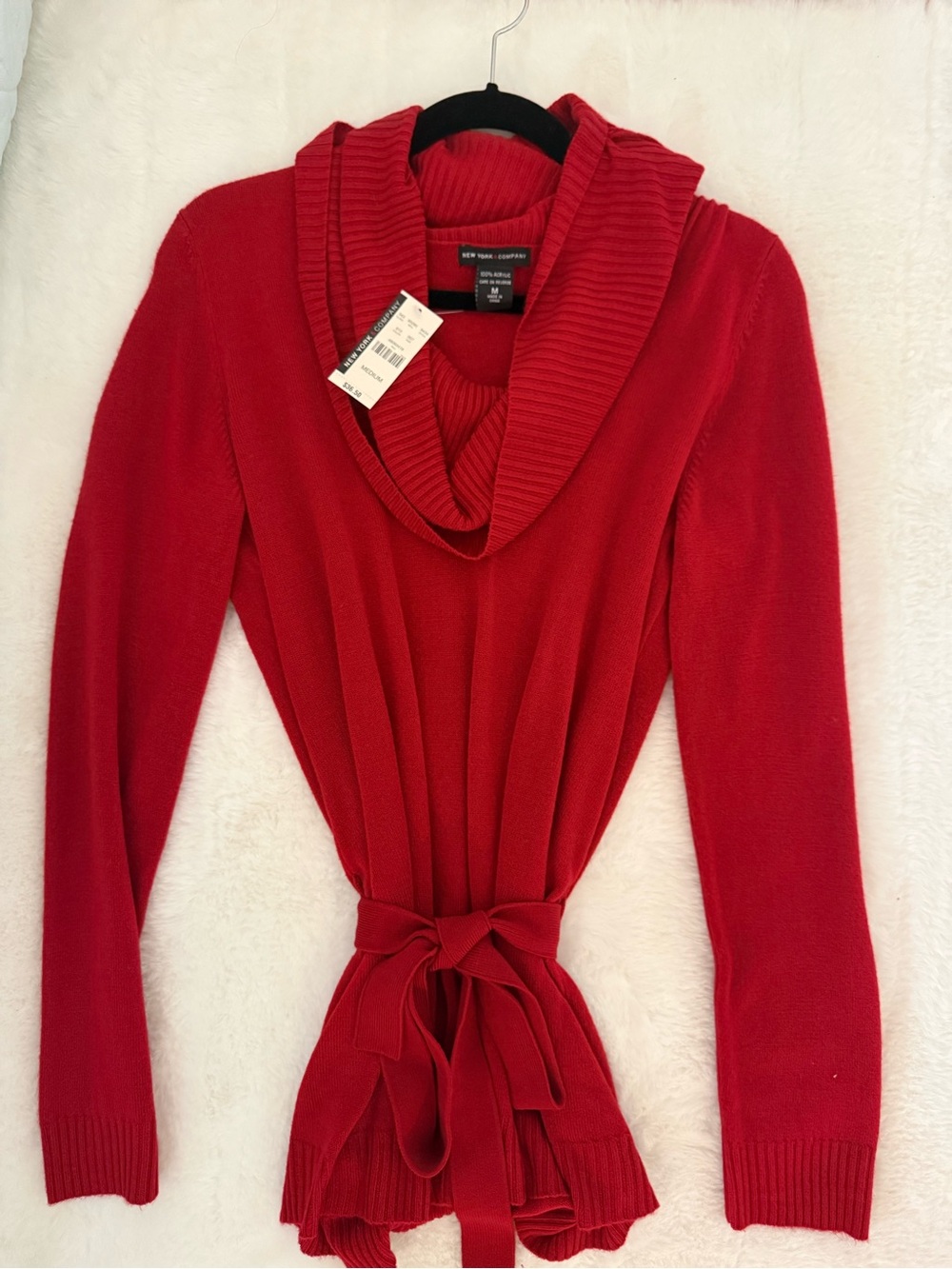 New York & Company Red Cowl-Neck Tie-Waist Sweater